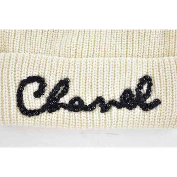Chanel 21A Ivory Cashmere Black Pearl White CC Script Logo Beanie Winter Hat main image 9